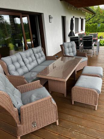 Brązowy zestaw technorattanowy tarasowy Laritto Dining + pufy - Brown