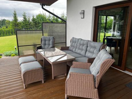 Brązowy zestaw technorattanowy tarasowy Laritto Dining + pufy - Brown