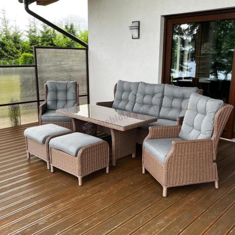 Brązowy zestaw technorattanowy tarasowy Laritto Dining + pufy - Brown