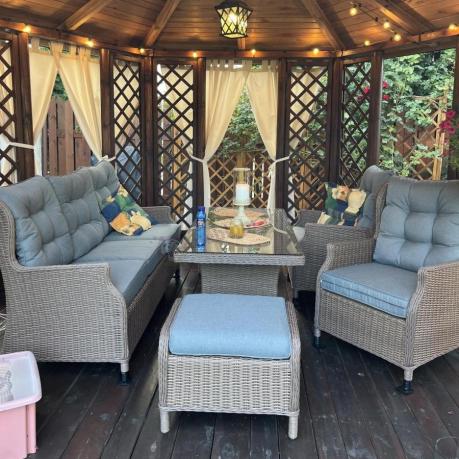 Brązowy zestaw technorattanowy tarasowy Laritto Dining + pufy - Brown