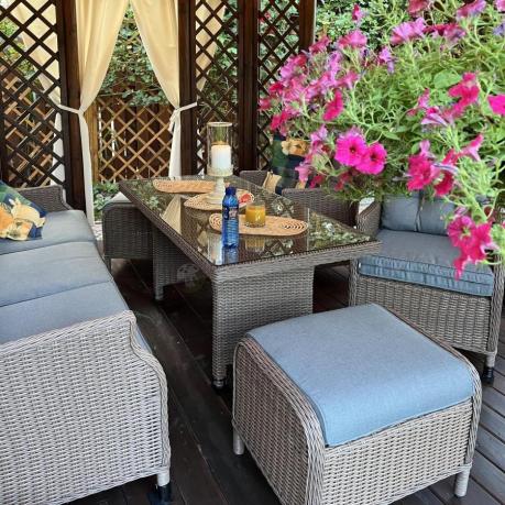 Brązowy zestaw technorattanowy tarasowy Laritto Dining + pufy - Brown