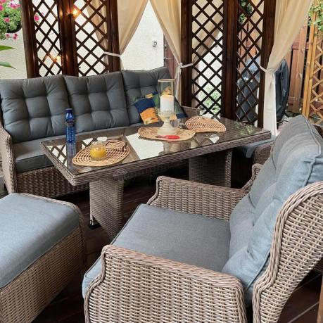 Brązowy zestaw technorattanowy tarasowy Laritto Dining + pufy - Brown