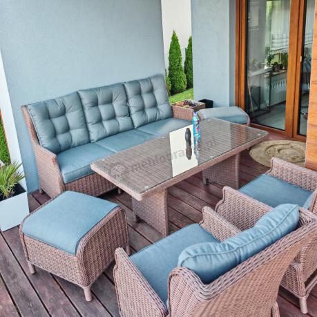 Brązowy zestaw technorattanowy tarasowy Laritto Dining + pufy - Brown