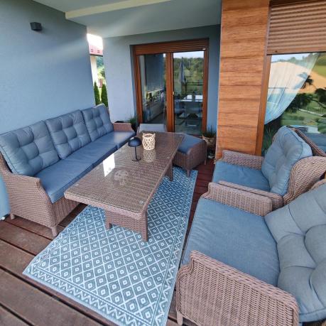 Brązowy zestaw technorattanowy tarasowy Laritto Dining + pufy - Brown