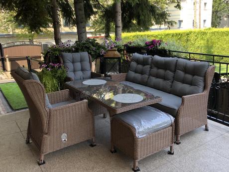 Brązowy zestaw technorattanowy tarasowy Laritto Dining + pufy - Brown