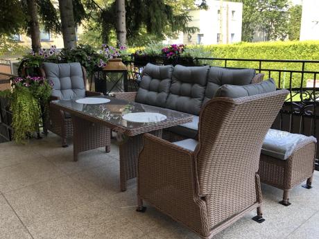 Brązowy zestaw technorattanowy tarasowy Laritto Dining + pufy - Brown