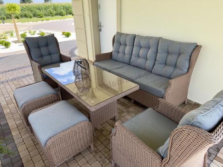 Brązowy zestaw technorattanowy tarasowy Laritto Dining + pufy - Brown