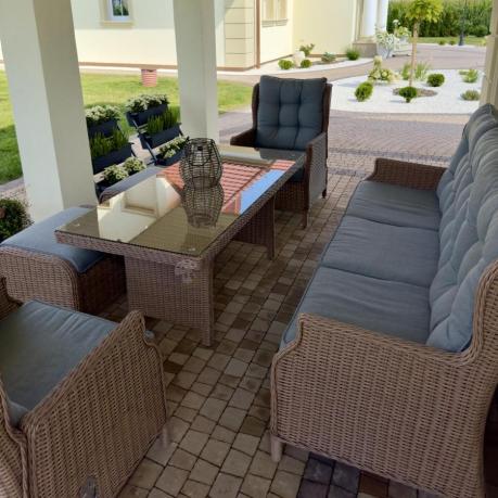 Brązowy zestaw technorattanowy tarasowy Laritto Dining + pufy - Brown