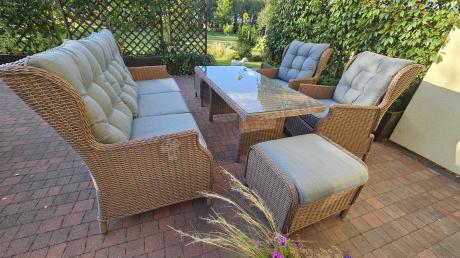 Brązowy zestaw technorattanowy tarasowy Laritto Dining + pufy - Brown