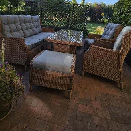 Brązowy zestaw technorattanowy tarasowy Laritto Dining + pufy - Brown