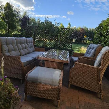 Brązowy zestaw technorattanowy tarasowy Laritto Dining + pufy - Brown