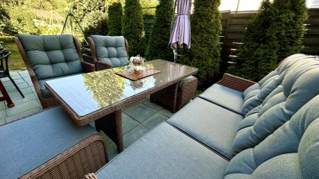 Brązowy zestaw technorattanowy tarasowy Laritto Dining + pufy - Brown