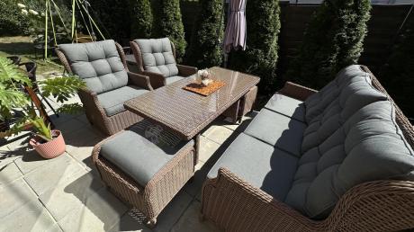 Brązowy zestaw technorattanowy tarasowy Laritto Dining + pufy - Brown