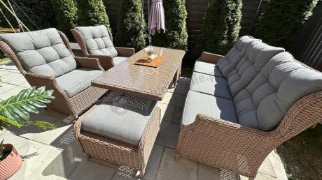 Brązowy zestaw technorattanowy tarasowy Laritto Dining + pufy - Brown