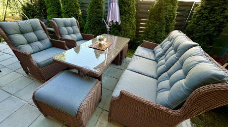 Brązowy zestaw technorattanowy tarasowy Laritto Dining + pufy - Brown