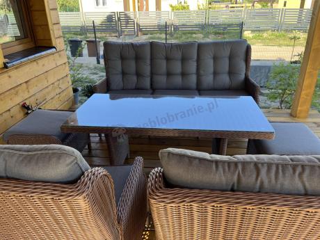 Brązowy zestaw technorattanowy tarasowy Laritto Dining + pufy - Brown