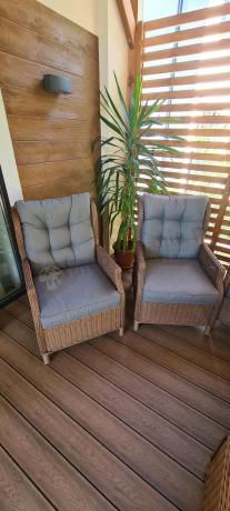 Brązowy zestaw technorattanowy tarasowy Laritto Dining + pufy - Brown