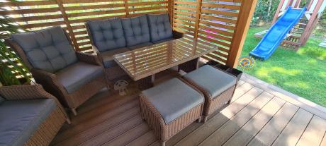 Brązowy zestaw technorattanowy tarasowy Laritto Dining + pufy - Brown