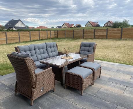 Brązowy zestaw technorattanowy tarasowy Laritto Dining + pufy - Brown