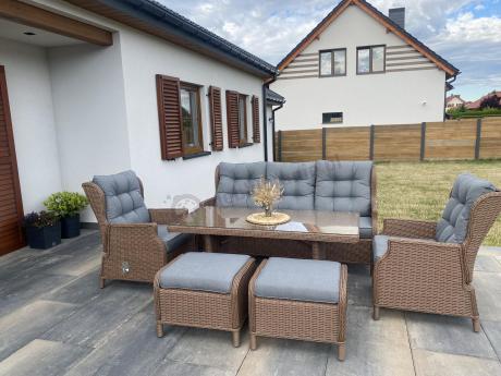 Brązowy zestaw technorattanowy tarasowy Laritto Dining + pufy - Brown