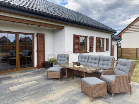 Brązowy zestaw technorattanowy tarasowy Laritto Dining + pufy - Brown