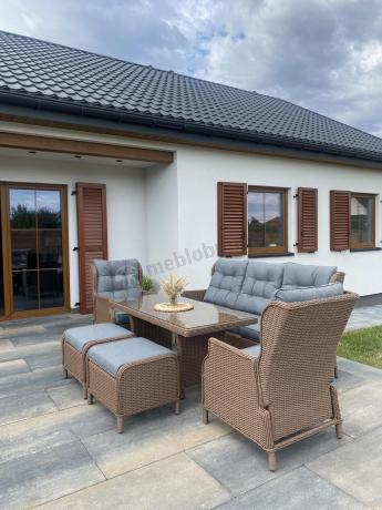 Brązowy zestaw technorattanowy tarasowy Laritto Dining + pufy - Brown