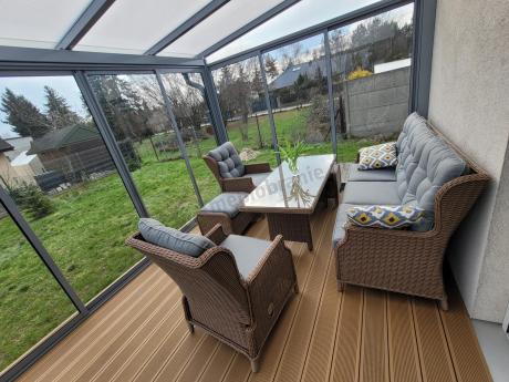 Brązowy zestaw technorattanowy tarasowy Laritto Dining + pufy - Brown