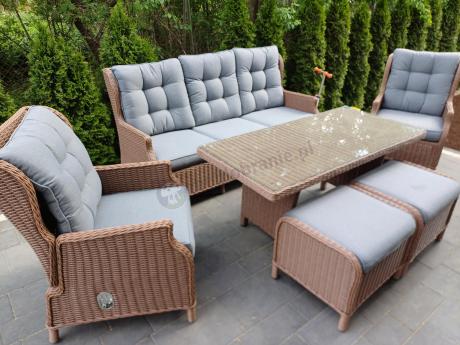 Brązowy zestaw technorattanowy tarasowy Laritto Dining + pufy - Brown