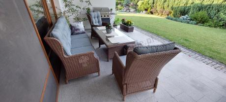 Brązowy zestaw technorattanowy tarasowy Laritto Dining + pufy - Brown