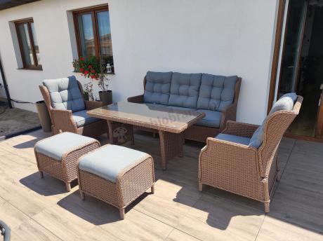 Brązowy zestaw technorattanowy tarasowy Laritto Dining + pufy - Brown