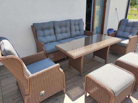 Brązowy zestaw technorattanowy tarasowy Laritto Dining + pufy - Brown