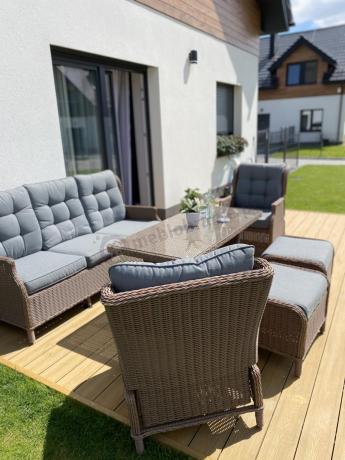 Brązowy zestaw technorattanowy tarasowy Laritto Dining + pufy - Brown