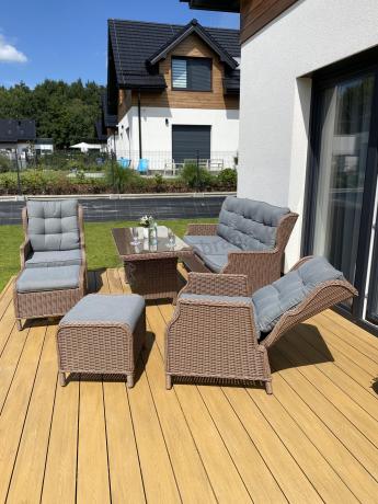 Brązowy zestaw technorattanowy tarasowy Laritto Dining + pufy - Brown