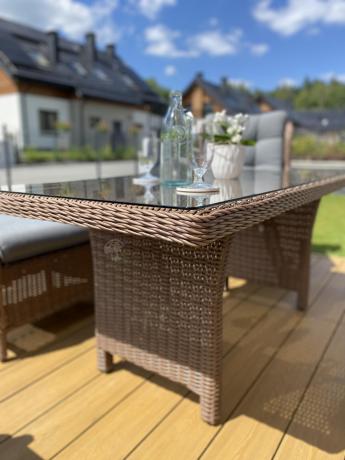Brązowy zestaw technorattanowy tarasowy Laritto Dining + pufy - Brown