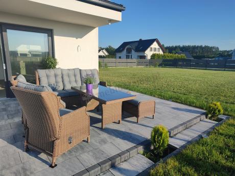 Brązowy zestaw technorattanowy tarasowy Laritto Dining + pufy - Brown