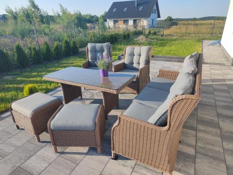 Brązowy zestaw technorattanowy tarasowy Laritto Dining + pufy - Brown