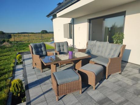 Brązowy zestaw technorattanowy tarasowy Laritto Dining + pufy - Brown