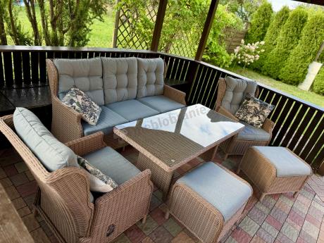 Brązowy zestaw technorattanowy tarasowy Laritto Dining + pufy - Brown