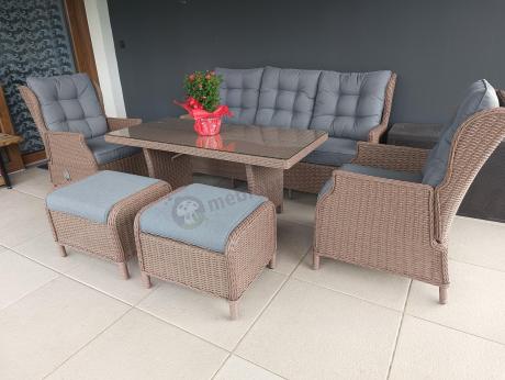 Brązowy zestaw technorattanowy tarasowy Laritto Dining + pufy - Brown