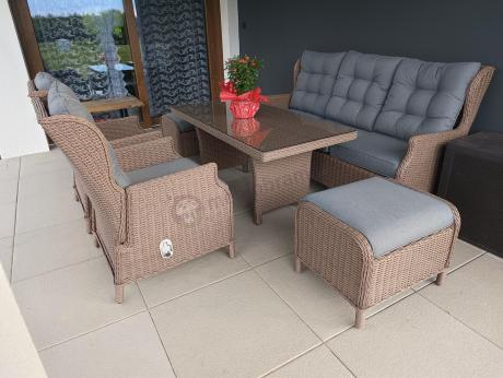 Brązowy zestaw technorattanowy tarasowy Laritto Dining + pufy - Brown