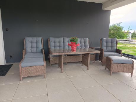 Brązowy zestaw technorattanowy tarasowy Laritto Dining + pufy - Brown