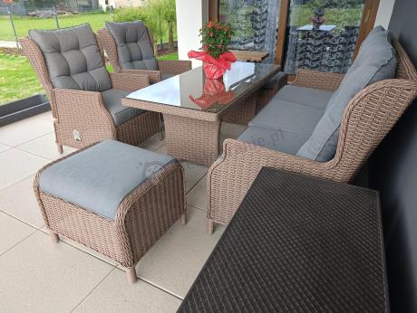 Brązowy zestaw technorattanowy tarasowy Laritto Dining + pufy - Brown