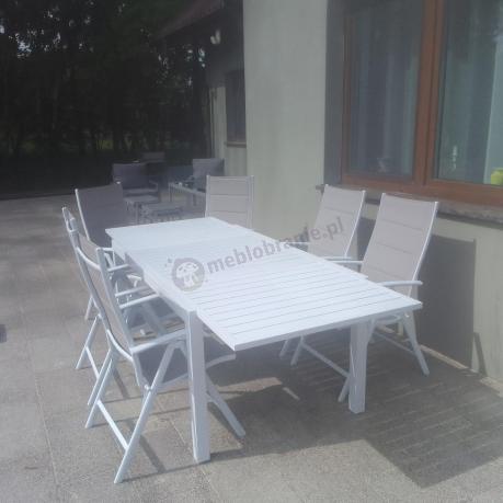 Duży, biały zestaw mebli ogrodowych z aluminiowym rozkładanym stołem 240cm + 10 regulowanych krzeseł - Tabia