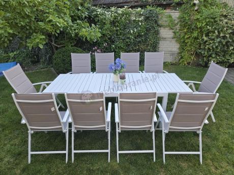 Duży, biały zestaw mebli ogrodowych z aluminiowym rozkładanym stołem 240cm + 10 regulowanych krzeseł - Tabia
