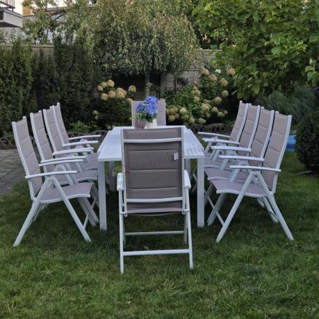 Duży, biały zestaw mebli ogrodowych z aluminiowym rozkładanym stołem 240cm + 10 regulowanych krzeseł - Tabia