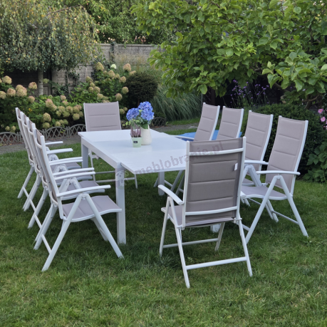 Duży, biały zestaw mebli ogrodowych z aluminiowym rozkładanym stołem 240cm + 10 regulowanych krzeseł - Tabia