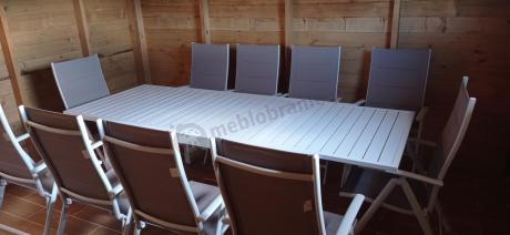 Duży, biały zestaw mebli ogrodowych z aluminiowym rozkładanym stołem 240cm + 10 regulowanych krzeseł - Tabia