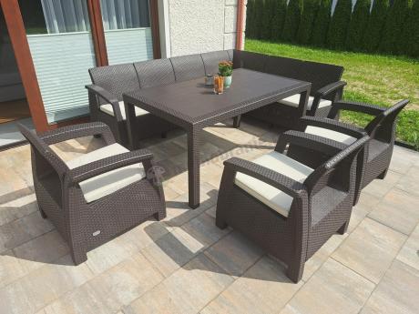 Duży brązowy narożnik na taras ze stołem obiadowym Rellme VI i 3 fotelami