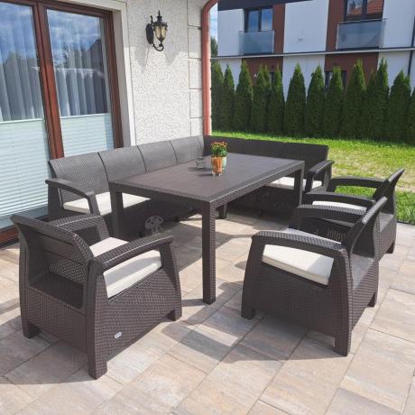 Duży brązowy narożnik na taras ze stołem obiadowym Rellme VI i 3 fotelami