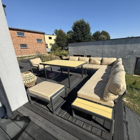 Duży komplet mebli na taras z narożnikiem, fotelem i pufami Panaon Corner XXL WB